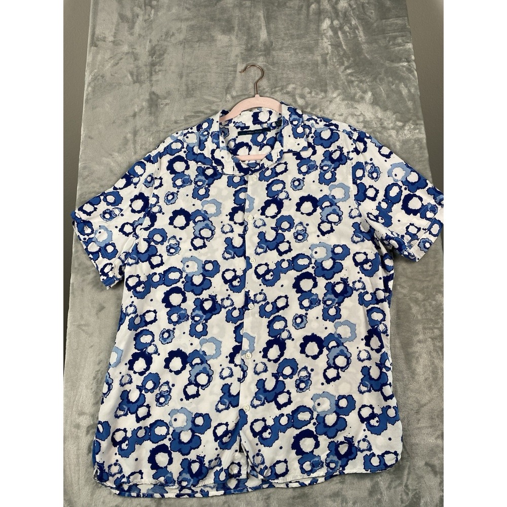 Men's Perry Ellis Shirt Short Sleeve Stretch Button Cool Blue Print Size XL